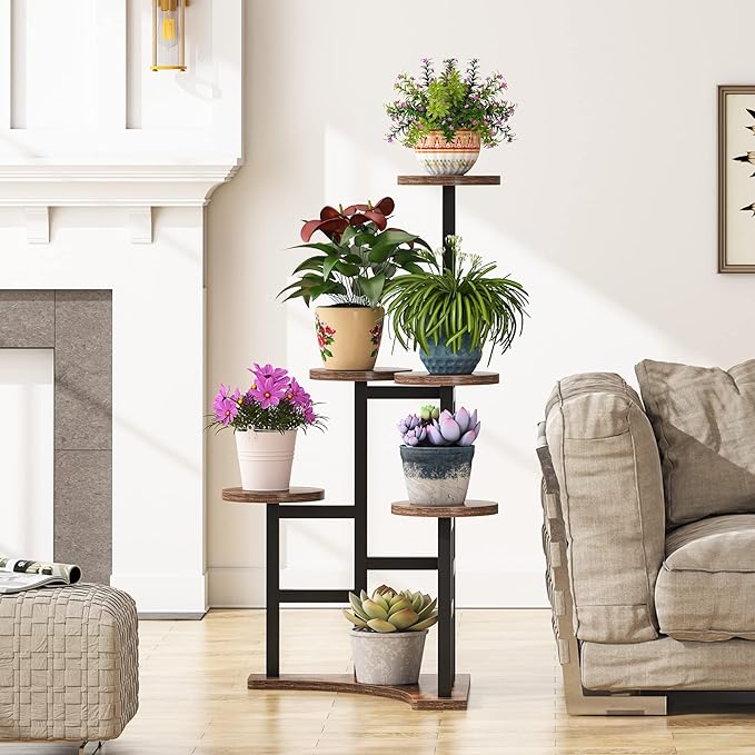 LITTLE TREE 6 Tiered Corner Plant Stand Indoor, Tall Plant Shelf Flower Stand Multiple Potted Plant Holder Rack for Living Room Balcony Garden, Rustic Brown