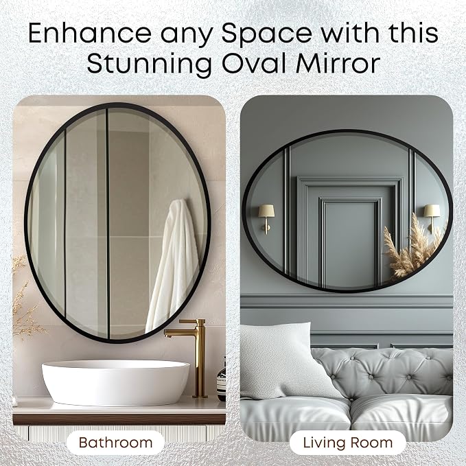 OVALCREST - Oval Wooden Beveled Wall Mirror for Home Decor, Bathroom, Vanity, Bedroom, Living Room, Hallway - London Style (Matte Black) 25.1 x 19.1