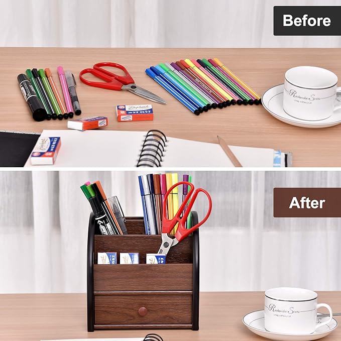 Siveit Wooden Desktop Organizer with Drawer, Multifunctional Office Supply Storage - Remote Control Caddy Holder
