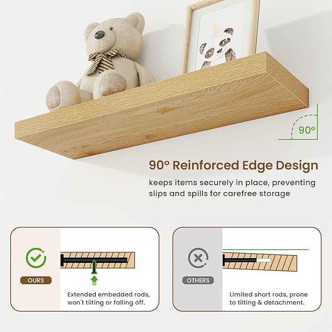 30in Floating Shelves for Wall, 30"W x 9.25"D x 1.25"H, 2 Pack Long Wall Mounted Engineered Wood Shelves with Invisible Brackets for Living Room, Bedroom, Bathroom, Kitchen Decor and Storage, Oak