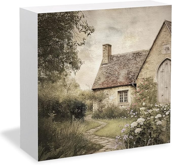 Vintage French Country Cottage Wooden Box Sign Desk Decor, Rustic Farmhouse Wildflower Cabin Wood Signs for Home Living Room Office Desk Table Shelf Decorations, 5x5 Inch