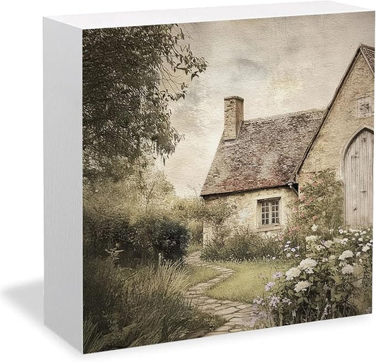 Vintage French Country Cottage Wooden Box Sign Desk Decor, Rustic Farmhouse Wildflower Cabin Wood Signs for Home Living Room Office Desk Table Shelf Decorations, 5x5 Inch