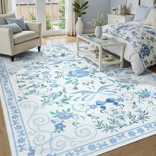 DCX Washable 9x12 Bow Rug, Blue Floral Rug for Girls’ Bedroom, Cute Soft Low Pile Indoor Décor Carpet, Kid & Pet Friendly Nursery Rug for Living Room, Dorm, Playroom
