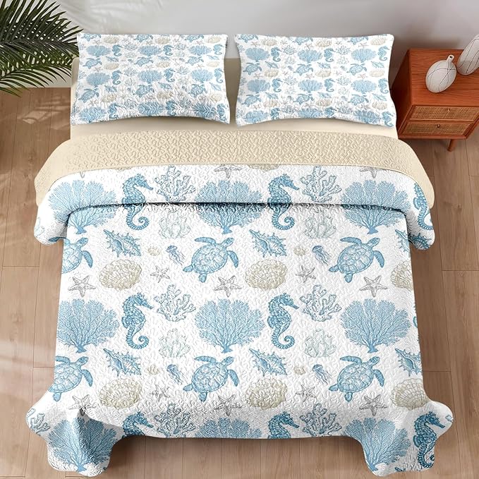 Pamnest Quilt Set Full/Queen Size, Sea Shell Coral Seahorse 3 Pcs Soft Bed Cover Bedding Set for Kids and Adults, Starfish Nautical Lightweight Bedspread Coverlet with Pillow Sham for All Season