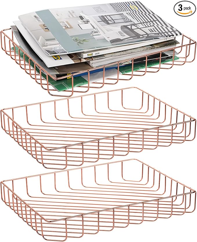 Okllen 3 Pack Wire File Tray, Rose Gold Desk Paper Letter Tray, Magazine Files Storage Basket Organizer Bin for Office, Pantry Home, Classroom, School