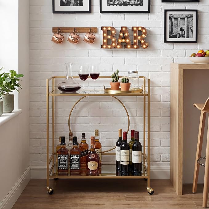 RiteSune Gold Bar Cart, Modern Wine Cart with Wheels, Home Bar Serving Carts with 2 Tier Mirrored Shelves, Wine Bar Carts for The Home, Dining Room, Kitchen