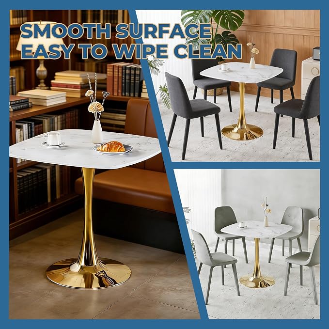 31.5" Tulip Table, Square Mid Century Dining Table for 2 with Metal Pedestal Base, White and Gold Small Bistro Table for Kitchen, Cafe & Small Spaces