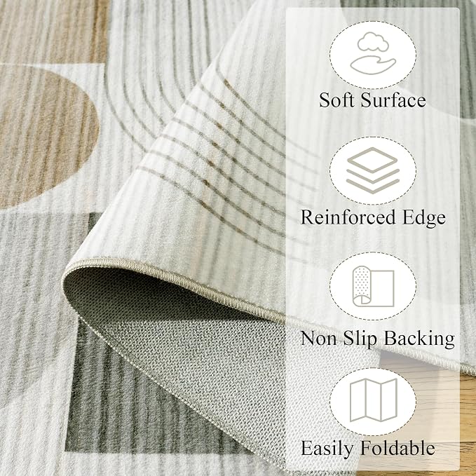 Large Machine Washable 9x12 Area Rug, Soft Modern Geometric Abstract Beige Rugs for Bedroom Living Room, Non-Shedding Faux Wool Indoor Throw Floor Carpet for Office Entryway Dining Room Decor