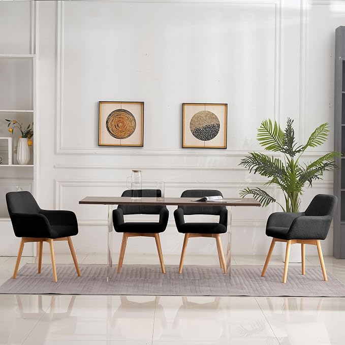 Mid Century Modern Dining Chairs Set of 6 & 4 & 2 Comfy Accent Chair Upholstered Kitchen Dining Living Room Chairs for Bedrooms Waiting Room Home Arm Desk Chair No Wheels (Wool Black, 6)