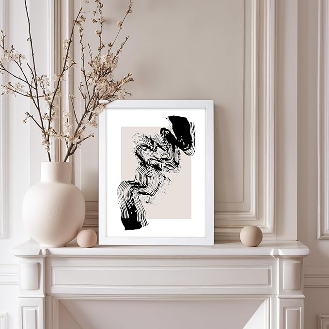 Poster Master Brush Waves Poster - Black Brush Wave Stroke Print - Abstract Design - Drawing Artwork - Mid Century Modern Art - Minimal Design - Living Room or Bedroom Wall Decor - 11x14 White Framed