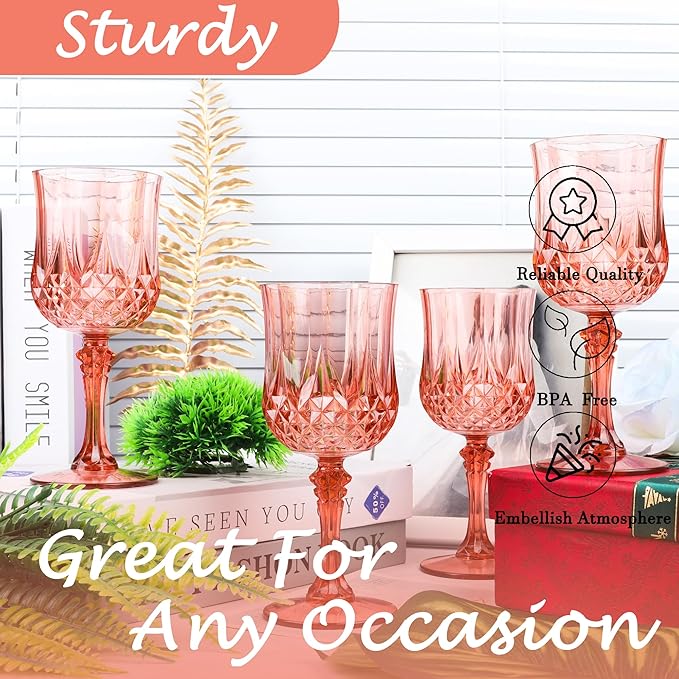 Plastic Wine Glasses, Plastic Goblets Vintage Style Cordial Drinking Glasses for Valentine’s Day, Wedding Reception, Grand Event Party Supplies (48, Rose Gold)