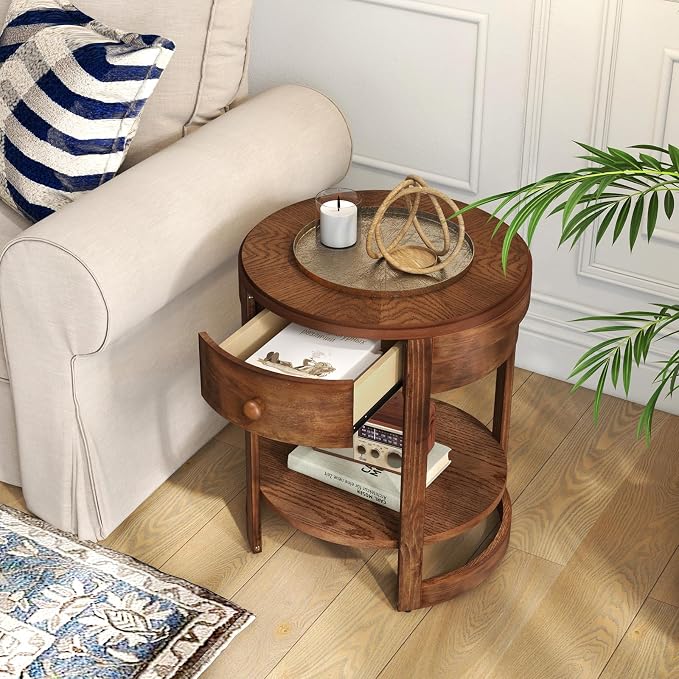 GOFLAME Round Side Table with Drawer, Retro 2-Tier Nightstand with Shelf & Wood Grains, Vintage Wooden Accent Table, Mid-Century Modern End Tables for Living Room, Bedroom, Walnut