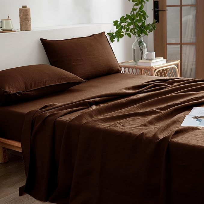 EVERLY Linen Sheets Set Queen Size,100% French Stonewash Pure Linen Sheets Set,4Pieces (1Flat Sheet,1Fitted Sheet,2Pillowcase) Suitable for Hot Sleepers,Deep Pocket Natural Bedding Set-Chocolate