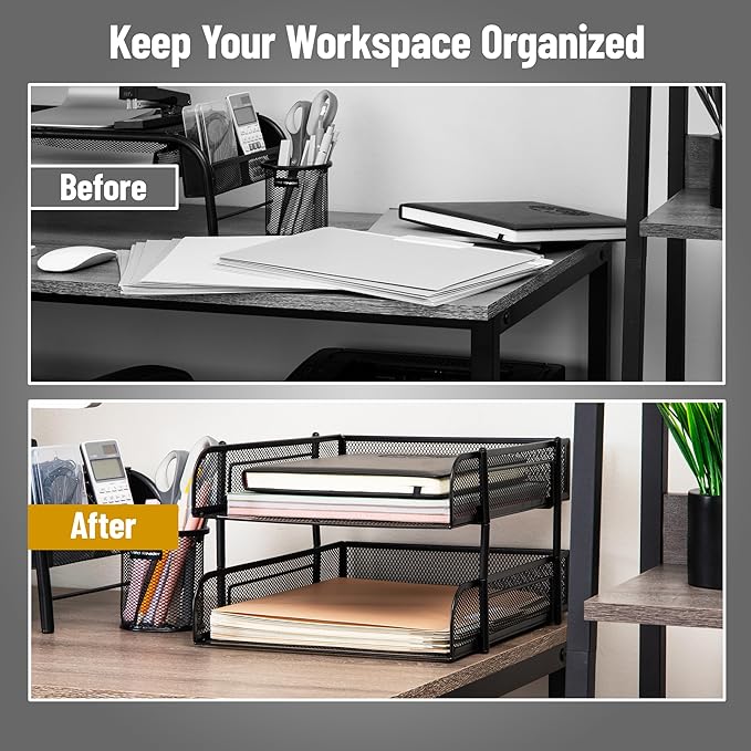 Mind Reader 2-Tier Stackable Paper Tray, Metal Mesh Desk Organizer for Files, Documents, and Mail, Office Desktop Storage, Set of 2, Black