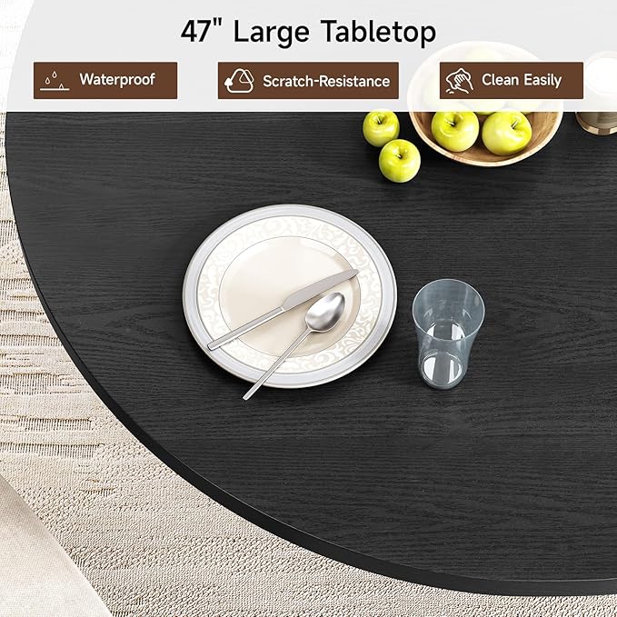47 inch Round Dining Table for 4, Circle Kitchen Table with 2-Layer Storage Shelf and a Drawer, Modern Farmhouse Dinner Tables with Sliding Door and Wood Strip Base for Kitchen, Living Room (Black)