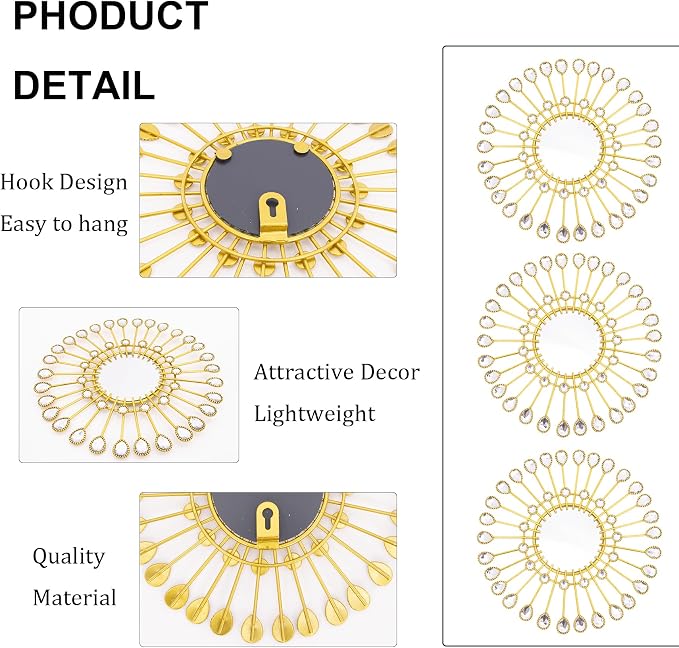 Gold Mirrors - Sunburst Valentine Wall Art, Decorative Round Mirrors for Valentine Bedroom, Living Room, Bathroom, Kitchen, Entryway, Hallway - Set of 3