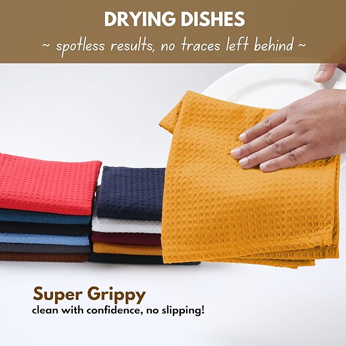Native Fab 6 Pack Waffle Dish Cloths - 100% Cotton, Soft, Absorbent & Quick Drying Towels for Cleaning, Cooking & Baking - Great for Home, Restaurants, Cafes, Bars - Mustard Yellow