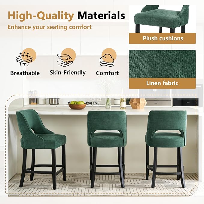 ClinQ Bar Stools Set of 1, 26" H Counter Height Bar Stools with Backs, Modern Upholstered Accent Barstools with Curved Footrest for Kitchen Island, Dining Room and Bar, Green-Black Legs