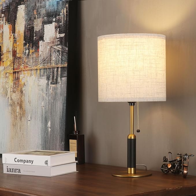 18.9" Set 2 Mid Century Bedside Table Lamp for Nightstand with Pull Chain, Lamp for Bedroom, Living Room, Solid Wood/Metal/Fabric Small Lamps for Home Office Room Decor (Light Brown+Brass)