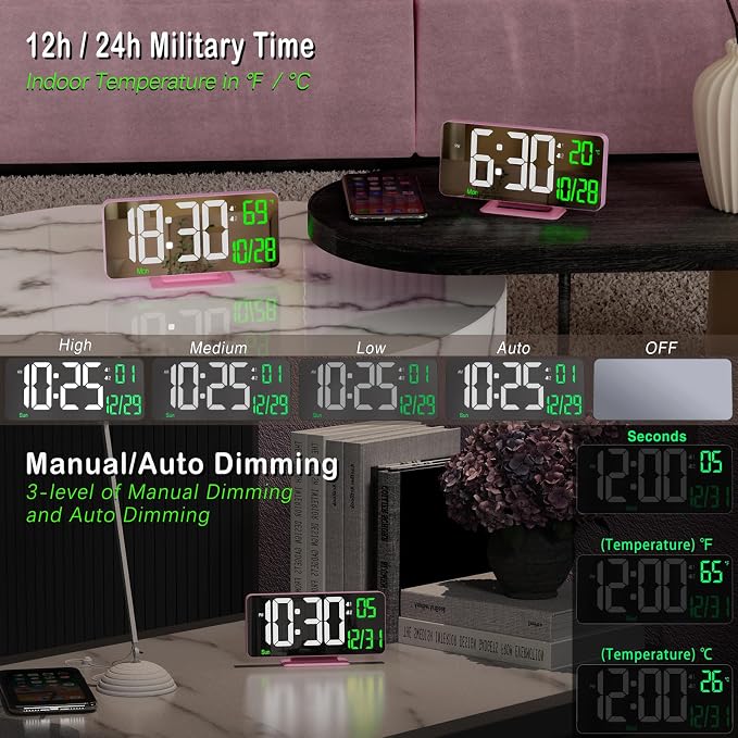 KOSUMOSU Pink Digital Clock 6.7in Desk Clock with Dual Alarm Clock, Dimming, 12/24h, Date, Day of Week, Temp, Digital LED Clock, Alarm Clock for Table, Digital Calendar Table Clocks for Bedrooms