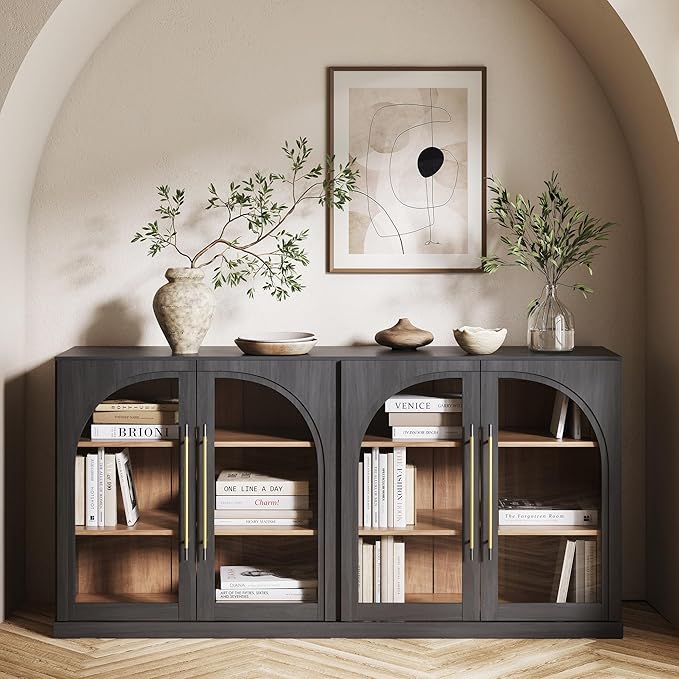 BELLEZE Set of 2 65" Arched Sideboard with Glass Door, Accent Buffet Cabinet with Storage and Adjustable Shelves, Classic Modern Large Console Table for Dining Room Living Room Entryway (Ebony)