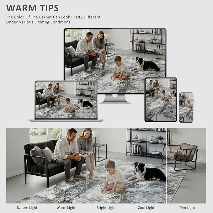 Merelax Washable Area Rugs 5'x8' Grey Abstract Rug for Living Room Bedroom Entryway Nursery, Dining Room and Farmhouse Rug, Non-Slip Modern Indoor Low Pile Soft Floor Carpet, Gray Print Pattern