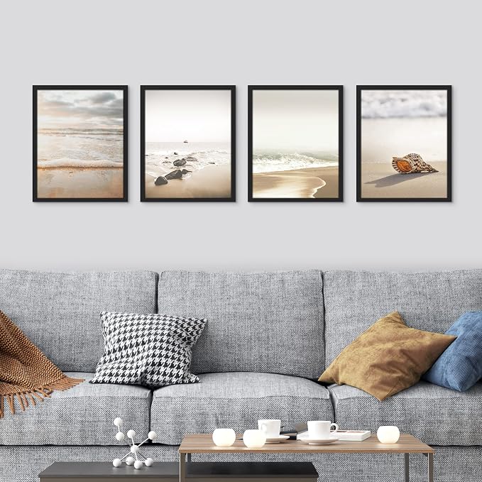SIGNWIN Framed White Minimal Beach Shore Ocean Sea Seashell Wall Art, Set of 4 Landscape Colorful Wall Decor Prints, Nature Wilderness Wall Décor for Living Room, Bedroom - 12"x16" Black
