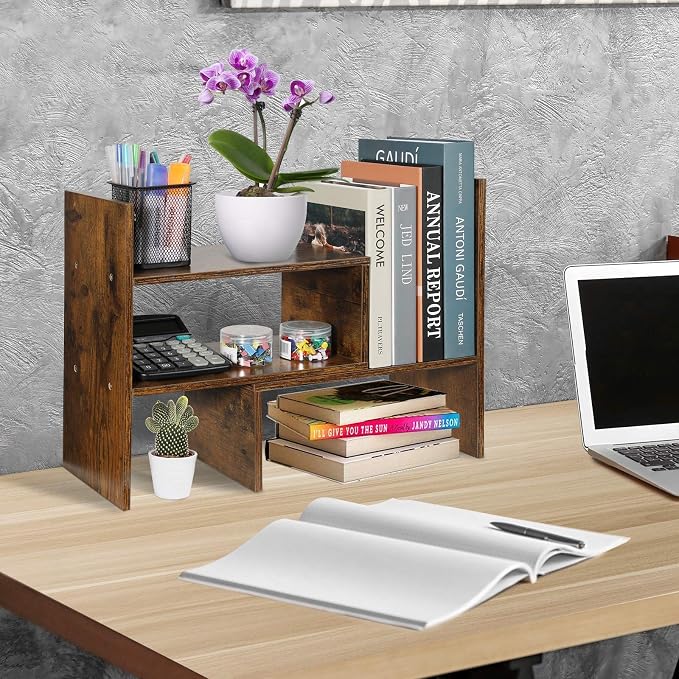 Sorfity Expandable Wood Desktop Bookshelf Desktop Organizer Office Storage Rack Wood Display Shelf, Counter Storage Rack Top Bookcase - Freestyle Display Natural Stand Office Supplies Desk Organizer