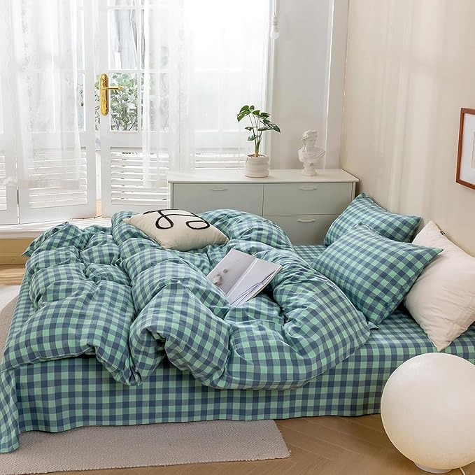 mixinni Green Gingham Grid Duvet Cover Full, 100% Washed Cotton Modern Geometric Bedding Set with 2 Pillowcases, Farmhouse Style Blue Plaid Comforter Cover Set for Men & Women, Soft & Lightweight