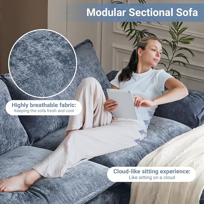 VINGLI 87" Cloud Sectional Sofa, Comfy L-Shaped Extra Deep Seat Sofa Couch for Living Room,Modern 2-Seat Convertible Loveseat Sofa with Ottoman for Small Space(Navy Blue)