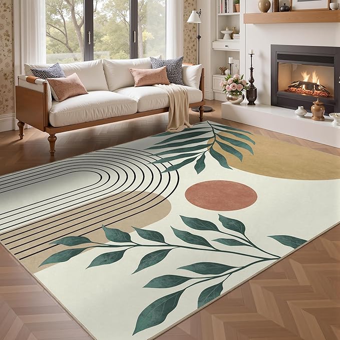 Indoor Outdoor Area Rug, Mid Century Sun Outdoor Patio Rug,Washable Abstract Art Leaves Eucalyptus Runway Rugs Non-Slip Carpet for Camping, Bedroom, Deck(5x8)