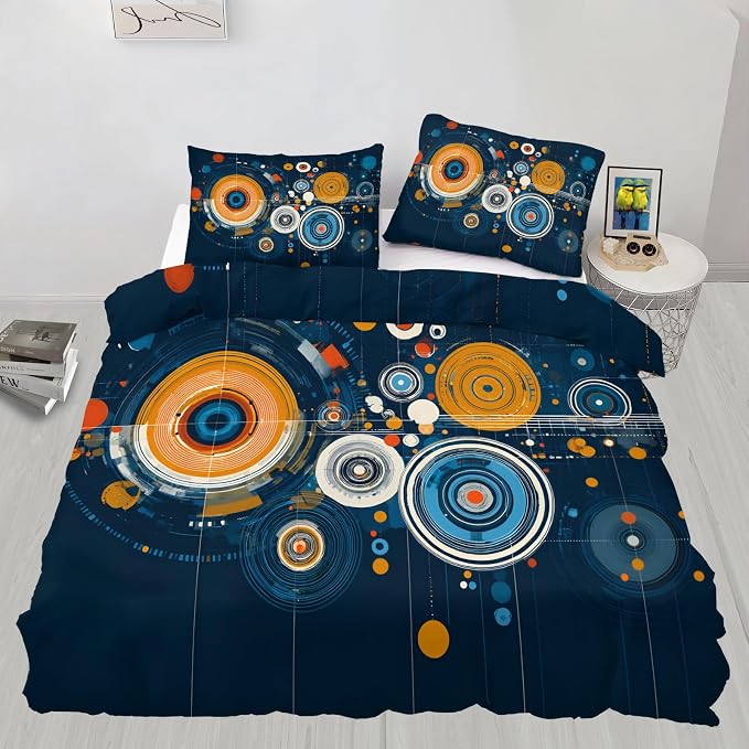 Modern Abstract Circle Duvet Cover Twin Size, Colourful Disc Bedding Set 3 Piece, Hippie Hip Hop Patterned Comforter Cover with Zipper Soft Microfiber, 2 Pillowcases