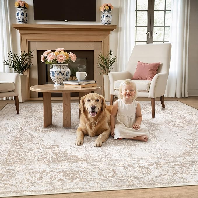 Area Rug 4x6 Vintage Rug: Washable Indoor Medallion Rugs Low Pile Distressed Floor Carpet Retro Accent Rug for Living Room Bedroom Kitchen Dining Table Home Office(Beige, 4'x6')