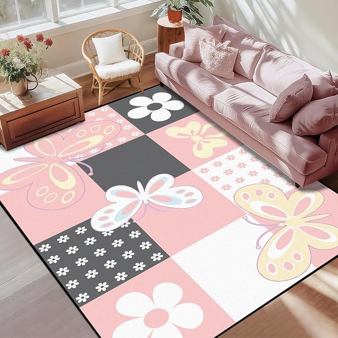 3'x5' Butterfly Area Rug Pink Butterfly Checkered Rugs for Entryway Bedroom Living Room Kitchen Home Decor Cute Flower Carpet Washable Non Slip Floor Mat
