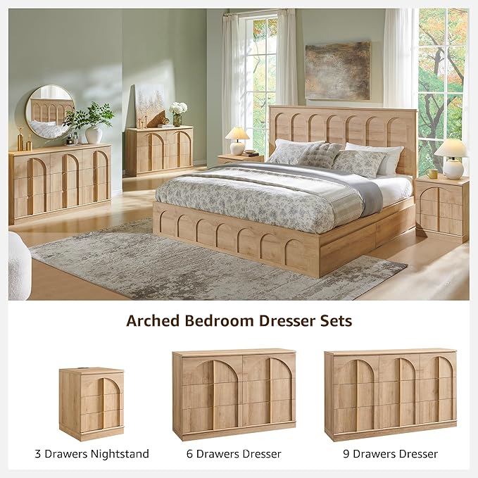 ACCOHOHO Arched Dresser for Bedroom with 6 Drawers, 47.3" Wide Modern Chest of Drawers with Rounded Edge & Metal Handles, Wood Storage Closet Dressers TV Stand for Living Room, Hallway, Oak