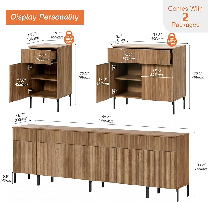 WAMPAT 94.5" Large Sideboard Buffet Cabinet with 4 Drawers & 5 Doors, 4-in-1 Fluted Storage Cabinet with Charging Station, Modern Buffet Table Coffee Bar Wine Bar Cabinet for Dining Room,Brown