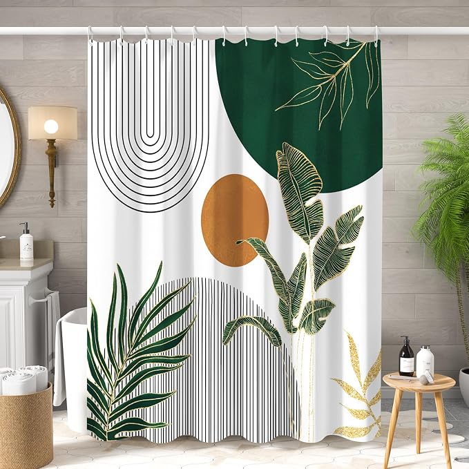 Mid Century Boho Shower Curtain, Abstract Modern Sun Minimalist Aesthetic Shower Curtain, Bohemian Geometric Arch Curve Leaves Neutral Art Fabric Bathroom Curtains Green 48x72 inch