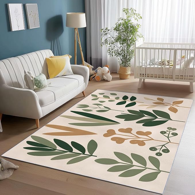 Area Rugs for Living Room, 5x6 Washable Rug Green Soft Low Pile Non-Slip Carpet Stain Resistant Carpets for Bedroom Dining Room Farmhouse Nursery, Retro Leaves Bohemian Plants
