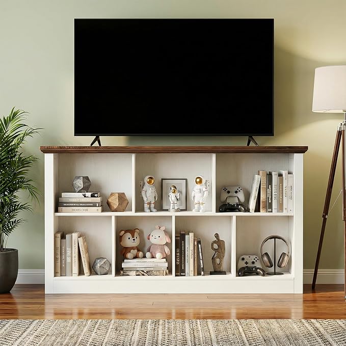 Unikito 7 Cube Storage Book Shelf - 47" Wide Wood Cube Storage Organizer, Wooden 2 Tiers Floor Standing Low Bookcase for Living Room, Bedroom, Home Office, Kids Room, Rustic White and Brown