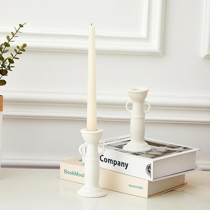 Denique Ceramic Candle Holders Set of 2, Creative Modern Minimalist Candlestick Holder Set, Table Centerpiece Taper Candle Holders, Candlelight Dinner Creative Decoration Ornaments (White)