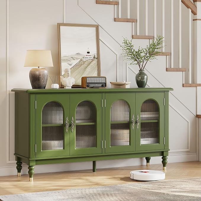 iPormis Fluted Arched Buffet Cabinet Set of 2, 59" Vintage Sideboard with Glass Door & Adjustable Shelves, Mid Century Modern Solid Wood Credenza Accent Cabinet for Living Room, Entryway, Green