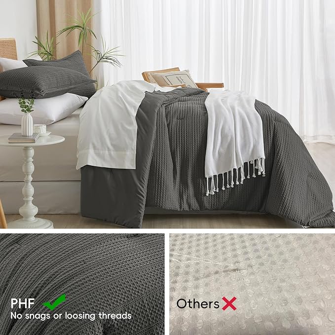 PHF Soft Waffle Comforter Set Twin Size- Comfy Breathable Waffle Weave Comforter with 1 Pillow Shams, 2 Pieces Less Snagging Lightweight Textured Bedding Set for All Season, Grey