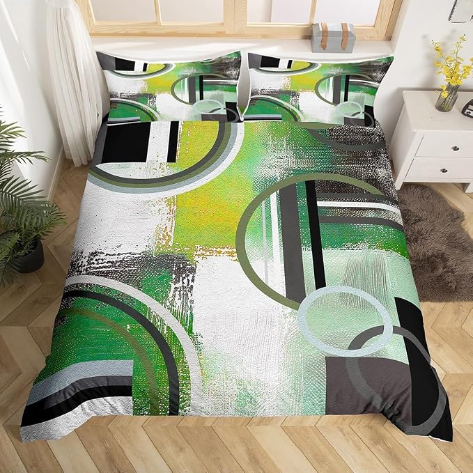 Geometric Swirls Duvet Cover Queen,Mint Green Brown Grey Bedding Set,Grunge Comforter Cover,Modern Watercolor Oil Painting Quilt Cover,Modern Texture Art Bedspread Cover Bedroom Decor 3 Pcs