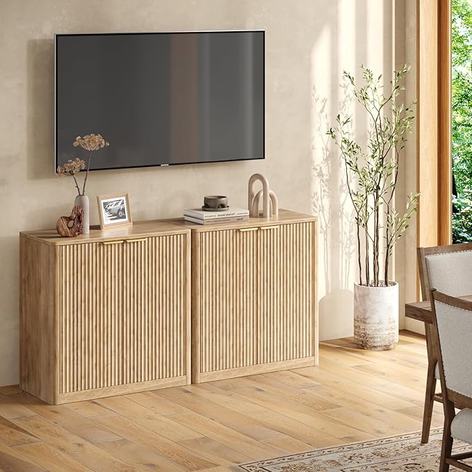 Evermagin 63" Oak Buffet Cabinet with Storage, Large Sideboard Cabinet, Boho Accent Credenza, Fluted Console Table with Doors for Dining Room, Kitchen, and Living Room