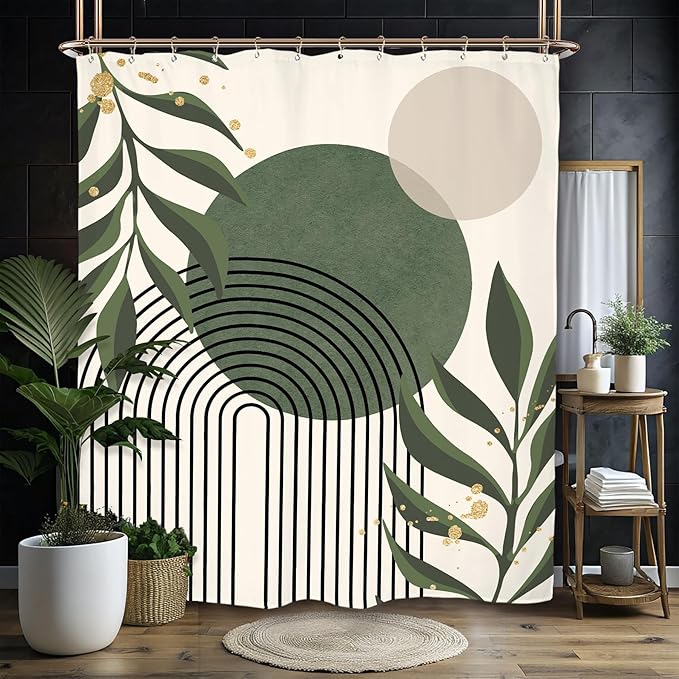 Miyotaa Abstract Sage Green Modern Shower Curtain Set 71Wx84H Inches Minimalist Aesthetic Extra Long Contemporary Plant Monstera Leaves Polyester Waterproof Bathroom Curtain with 12 Hooks