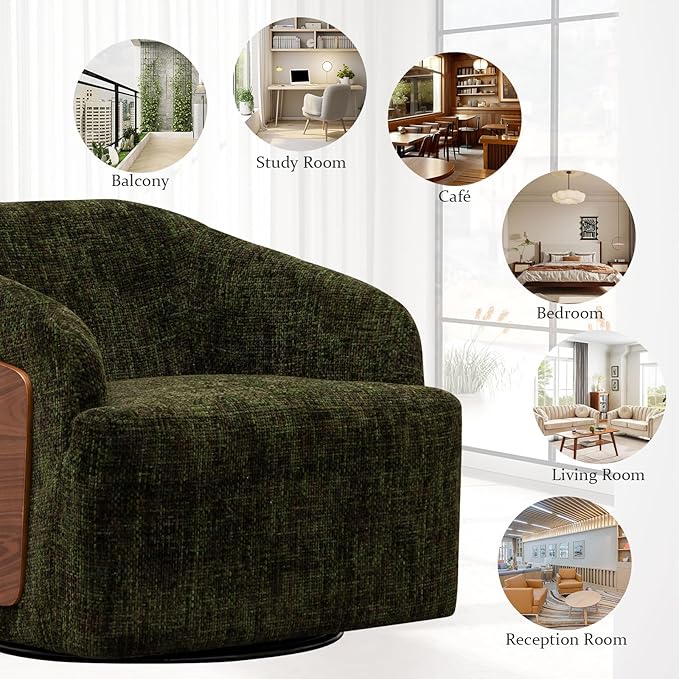 Swivel Accent Chair Linen Swivel Barrel Chair Comfortable Mid Century Modern Chair Upholstered Metal Base Armchair for Living Room Bedroom Office Large Vintage Green