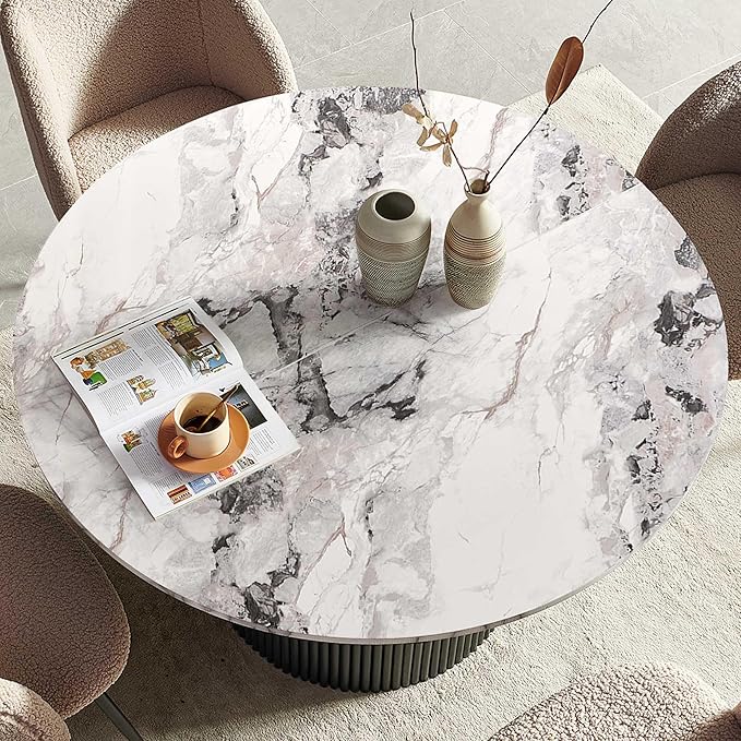 47" Round Wooden Kitchen Dining Table Set for 4, Industrial Breakfast Nook Table Set with Brown Sherpa Barrel Dining Accent Side Chairs for Dining Hall, Two-Part Tabletop, White Marble Look