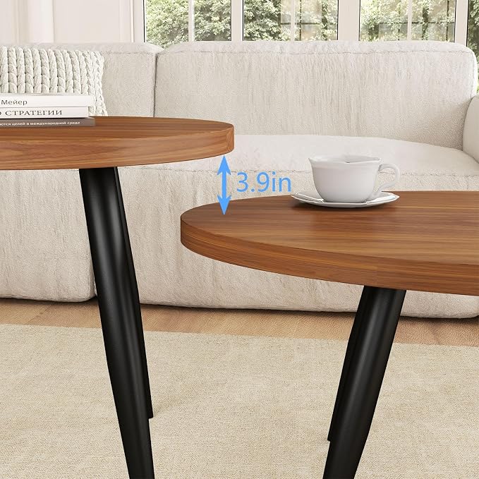 2-Piece Nesting Coffee Table Set, Oval & Round Mid-Century Modern Side Tables with MDF Tabletop & Metal Tapered Legs, Accent Table Set for Living Room, Small Spaces, Walnut