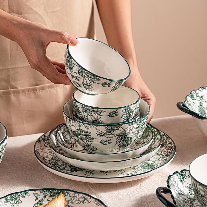 48-Piece Ceramic Dinnerware Set, Service for 8, Vintage Green Rose Floral Plates and Bowls Sets, Microwave & Dishwasher Safe, Porcelain Dinnerware Set for Kitchen & Dining