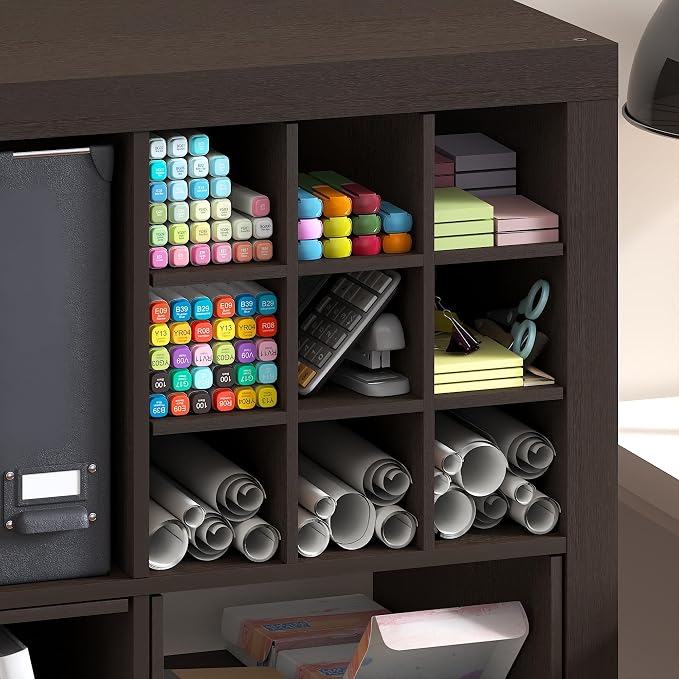 Furinno Cubicle Cube Insert, 9-Compartment Cube Organizer, Geometric Shelf Accessory, Fits into Furinno Triple Thick Cubes, IKEA Kallax, for Organizers and Storage, Black Dark Oak